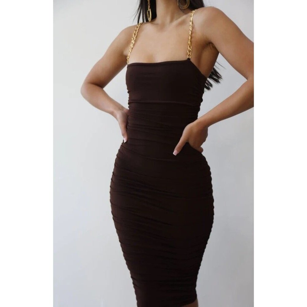 Nookie Allegra Midi Dress Chocolate Brown Bodycon Chain Straps - Picture 1 of 8